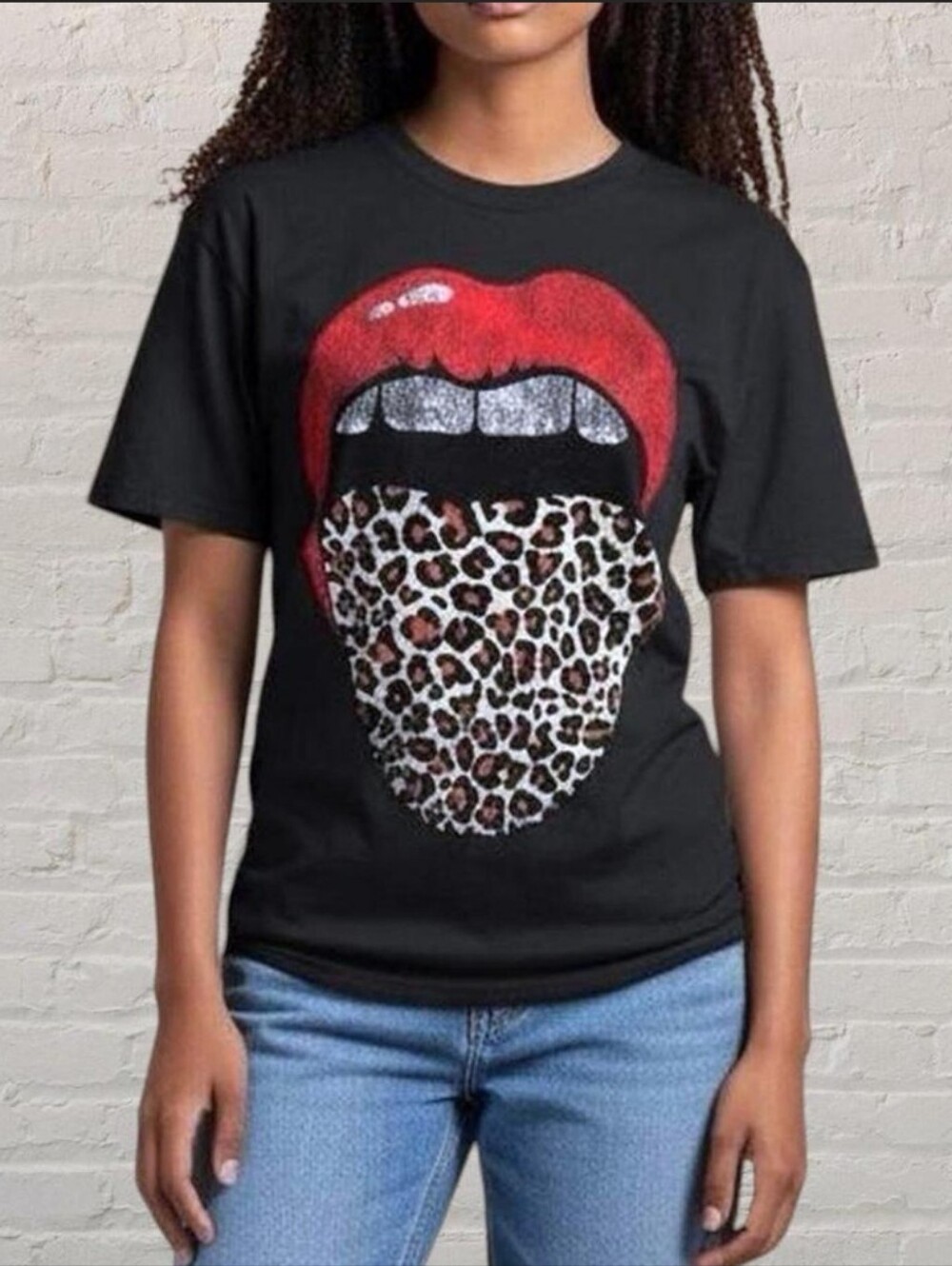 Prince Peter Collection Black Graphic Print Tee Kiss Lips Leopard Tongue New